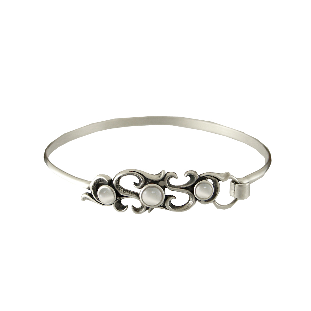 Sterling Silver Victorian Strap Latch Spring Hook Bangle Bracelet with White Moonstone